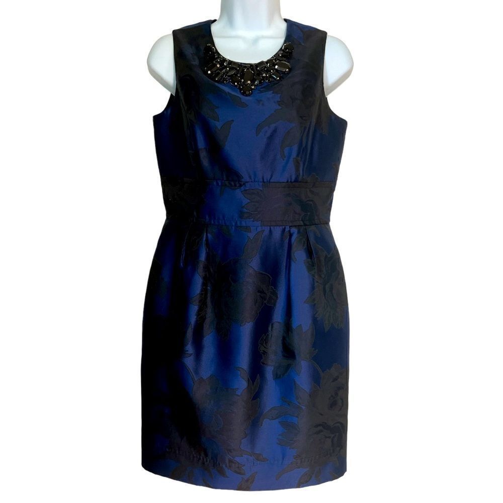 Eliza J Blue Black Floral Sleeveless Rhinestone Neck Cocktail Evening Dress sz 6